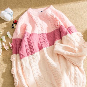 LSNZ奶甜系軟糯糯花朵麻花撞色毛衣男女情侶復古慵懶風寬松針織衫