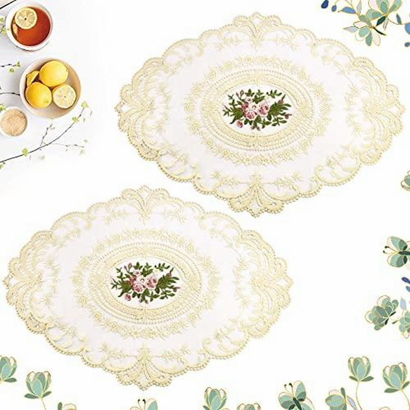 一部予約 レース テーブルクロス 2枚 新品 未使用 ドイリー レース 刺繍 花柄 2枚セット 楕円 丸 アンティーク