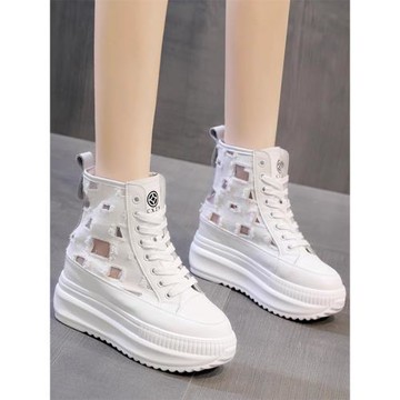 夏季網靴女內增高厚底松糕跟網面透氣搭配短裙子的高腰鞋子高幫鞋