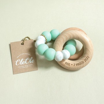 客製化刻名寶寶手搖鈴 固齒器 天然櫸木 牙膠 嬰兒玩具 彌月禮盒