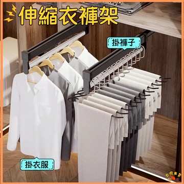 台灣現貨🚢多功能抽拉褲架 抽拉褲架 伸縮衣架 衣褲架 收納神器 頂裝衣櫃內置抽拉桿軌道 褲架 掛衣架收納 收納滑軌