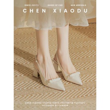 夏季法式仙女公主配裙子外穿粗跟半包頭涼鞋緞面女珍珠單鞋高跟鞋