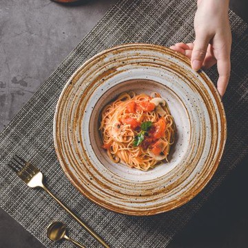 日式帽子盤子 意大利面餐盤可帶湯 復古螺紋 創意粗陶餐具菜盤