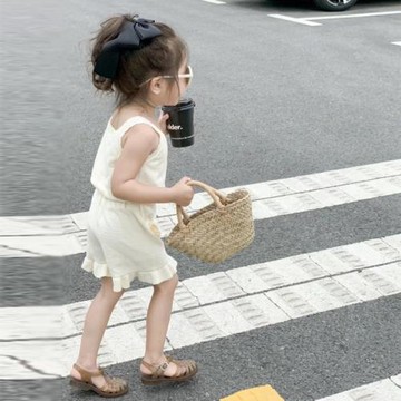 潮童裝女童時尚冰爽絲針織衫兩件套兒童夏新款女寶寶短褲背心套裝