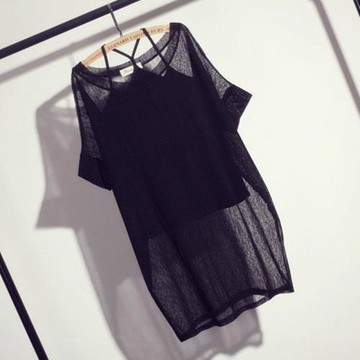 設計感網紗鏤空短袖t恤薄款上衣夏新寬松中長款吊帶網罩衫兩件女