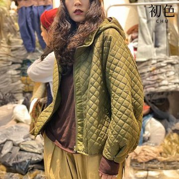 初色 復古風純色圓領長袖拉鍊菱形格紋連帽薄外套女外套-共2色-16453(L-2XL可選)