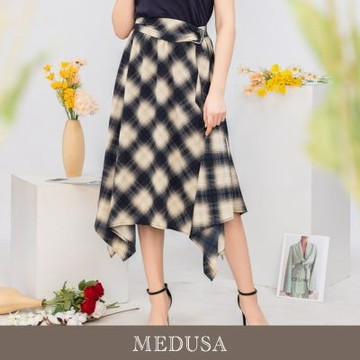 現貨【MEDUSA 曼度莎】不規則斜格紋飄逸中長裙（M-XL）｜格紋裙 飄逸長裙 設計師款