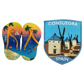 A-ONE 匯旺 西班牙度假拖鞋紀念品磁鐵+西班牙 孔蘇埃格拉袖標 2個 Set  7.5 x 6cm  西班牙度假拖鞋紀念品 + 西班牙 孔蘇埃格拉