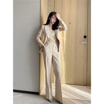 職場干練氣質杏色羊毛西裝馬甲直筒褲套裝顯高瘦修身OL通勤會議裝