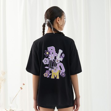 少女感十足花花世界短T(黑色)-女