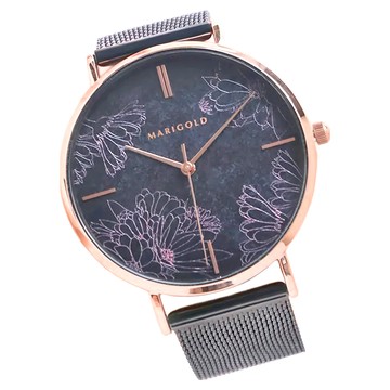 MARIGOLD 美爾朵 幸福到來手繪金盞花浮雕金屬米蘭鍊帶手錶 - 經典時尚  絲花藍面黑帶