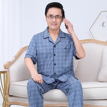中老年人男短袖長褲純棉家居服爸爸夏季薄款寬松全棉睡衣爺爺套裝