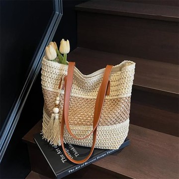 度假風時尚單肩沙灘包2025新款撞色編織草編休閑創意大容量托特包