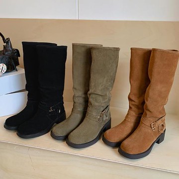 JP Queen New York 韓風明星圓頭牛絨皮粗跟真皮高筒靴(3色可選)