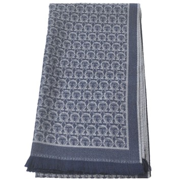 Salvatore Ferragamo Gancini 義大利製經典品牌圖騰羊毛披肩/圍巾(深藍灰/52 7954)