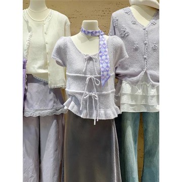 溫柔風紫色蝴蝶結綁帶針織T恤女春夏季穿搭修身絕美短袖甜辣上衣