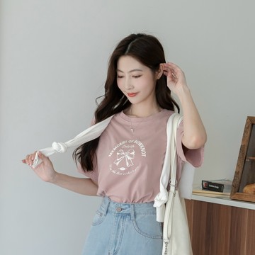 圓框英文蝴蝶結圓領短袖上衣 GJ189901【現貨】