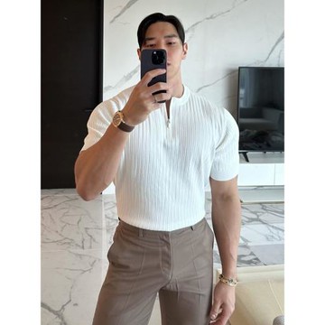 半拉鏈圓領豎條紋針織短袖t恤男夏季薄款輕熟風美式彈力修身半袖