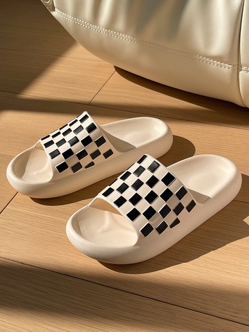 拖鞋室內家居 夏季棋盤格時尚ins踩屎感女生情侶厚底家用涼拖鞋男