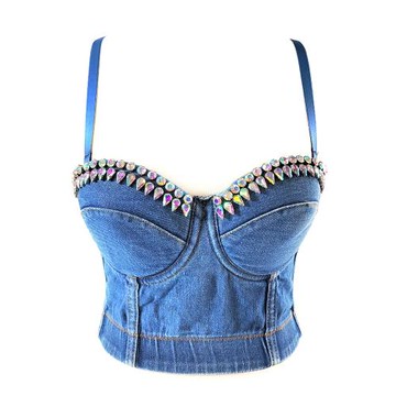 彩鉆釘珠牛仔外穿魚骨胸衣背心吊帶短款歐美性感辣妹舞臺演出女團