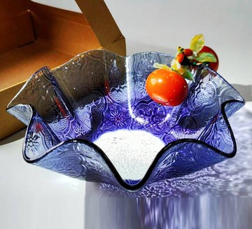 藍色復古海棠花玻璃盤 文創玻璃 窯燒玻璃 海棠花玻璃 老屋 禮品