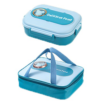 Mega 太空艙可愛熊兔304不鏽鋼四格保溫便當盒 四格藍熊+袋  1組