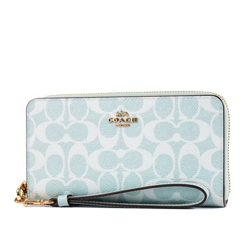 COACH 緹花LOGO防刮皮革手掛式拉鍊長夾-淺藍