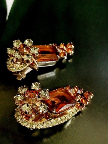 vintage jewelry  古典華麗宴會風棕色萊茵 夾式耳環