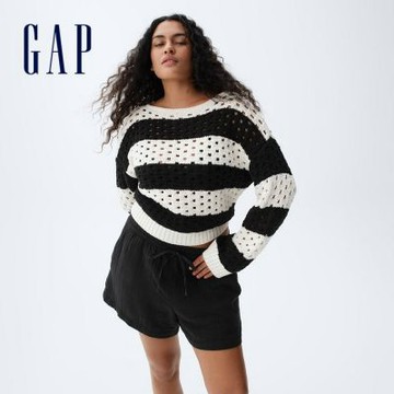 【GAP】純棉鉤針船型領線衫-黑白條紋(886536)