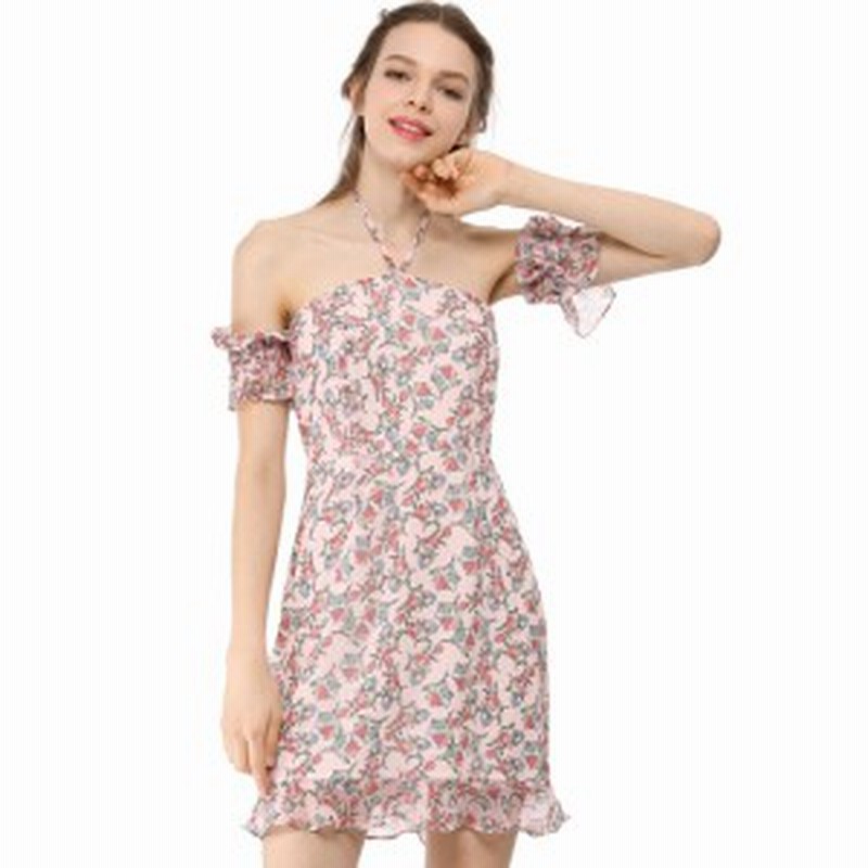 Allegra K ホルターネック ワンピース ドレス 花柄 オフショルダー フリル 夏 レディース ピンク M 通販 Lineポイント最大get Lineショッピング