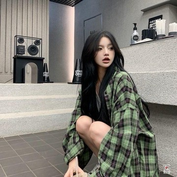🎈流行女裝🎈韓版格子女裝長袖襯衫綠色薄款ins2025寬鬆中長款上衣防曬百搭