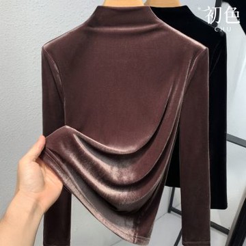 初色 美式純色緞面修身半高領長袖保暖打底內搭T恤發熱衣上衣女上衣-共4色-16838(M-3XL可選)