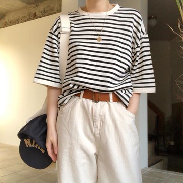夏季韓國chic寬松百搭條紋短袖T恤顯瘦休閑bf圓領針織衫上衣女1入