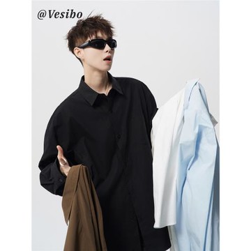 日系復古工裝長袖襯衫男冬潮牌cityboy襯衣外套純色寬松翻領上衣
