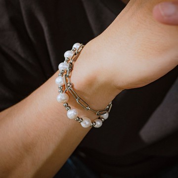 Unisex | 極晝系 - 冰岩白 * 白珍珠 寧靜 不銹鋼珍珠手鏈