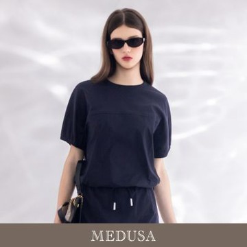 現貨【MEDUSA 曼度莎】深藍水鑽小字裝飾抽繩拼接上衣（M-XL）｜短袖上衣 女上衣 短袖T恤