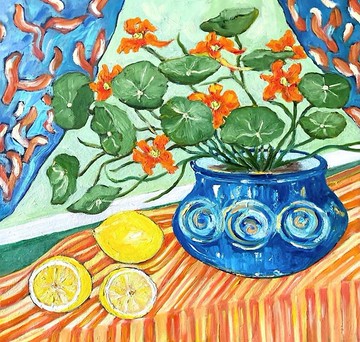 金蓮花和檸檬的靜物畫布油畫鮮花花束治愈藝術野獸派馬蒂斯啟發