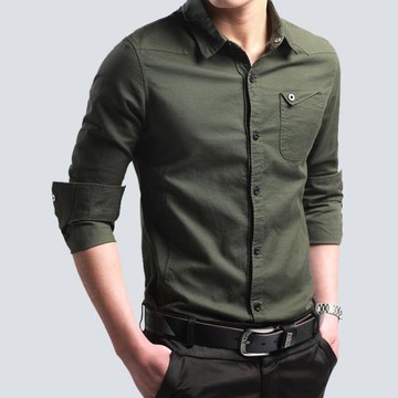 春秋季男士長袖襯衫韓版休閑軍旅裝純棉免燙修身帥氣黑色襯衣男潮