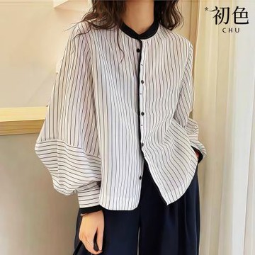 初色 休閒風撞色條紋寬鬆燈籠長袖圓領單排釦襯衫上衣女上衣-條紋-15411(M-2XL可選)