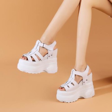 14CM超高跟坡跟女鞋夏季新款歐洲站真皮羅馬時尚涼鞋超厚底松糕鞋