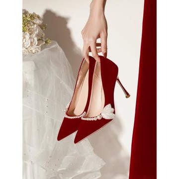 絨面紅色高跟鞋女小眾細跟婚鞋女加肥加寬淺口單鞋大碼女鞋41一43