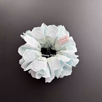 🔥3件8折🍊臺北出貨🍊可開發票Peony Pink芍藥粉·藍色格子雙層蕾絲髮圈·mini款