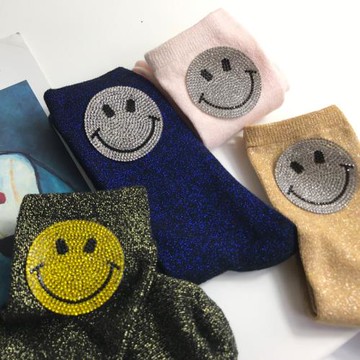 韓國金銀絲笑臉燙鉆閃閃襪子日系秋冬時尚銀蔥亮絲中筒堆堆襪潮