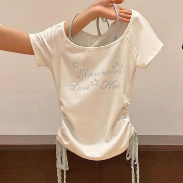 韓版白色假兩件印花吊帶短袖T恤女2026夏季新款蕾絲抽繩收腰上衣
