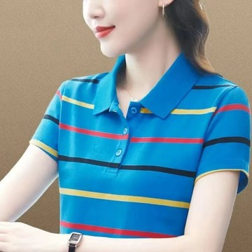 條紋短袖POLO衫女|夏季上衣女|媽媽減齡POLO衫|時尚POLO領上衣|媽媽裝大碼上衣|阿嬤短袖POLO衫|韓版短袖衫