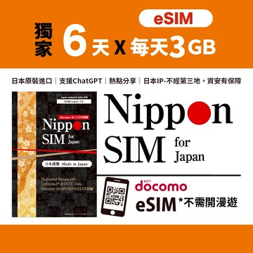 [日本網卡-eSIM] Nippon SIM 6天｜支援ChatGPT 熱點分享｜Docomo｜iPhone 17 推薦