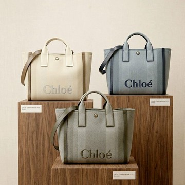 CHLOE 蔻依 Carry 中型 灰藍帆布手提/斜背托特包-2款可選