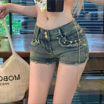 現款免運 牛仔短褲 短褲女 熱褲女 今流行低腰辣妹牛仔短褲女美式新款春季薄款百搭彈力復古熱短褲E1