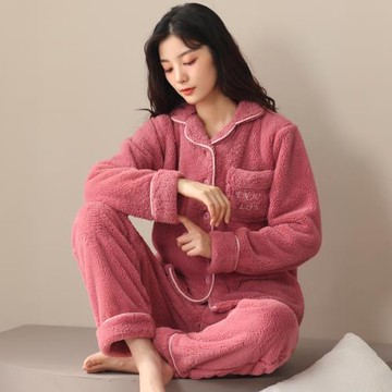 珊瑚絨睡衣女秋冬季加絨加厚法蘭絨開衫翻領女士家居服休閑款套裝