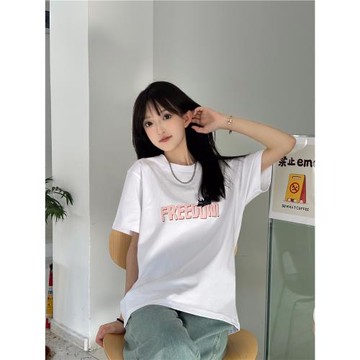 Guozii白色正肩短袖t恤女男慵懶貓咪設計感小眾純棉寬松情侶裝夏